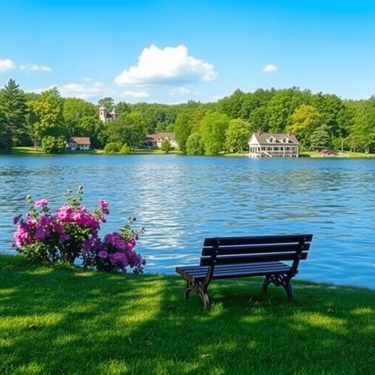 A serene lakeside scene with a cozy park bench, blooming flowers, and a clear blue sky, surrounded by lush greenery, evoking romance and community ...