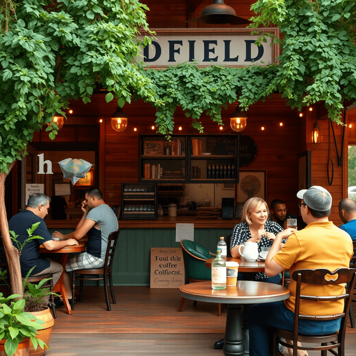 A cozy coffee shop in a small town, with people chatting, surrounded by greenery and local decor, radiating warmth and a sense of community. Southe...