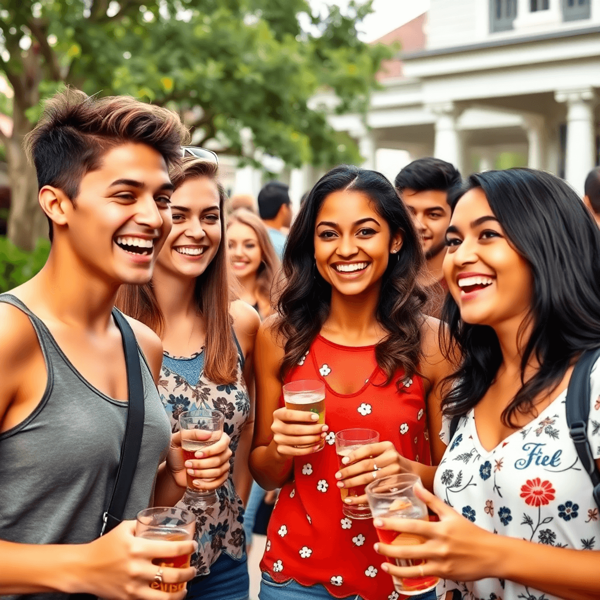 A lively outdoor scene with a group of young adults smiling and socializing at a military base, surrounded by lush greenery and classic southern ar...
