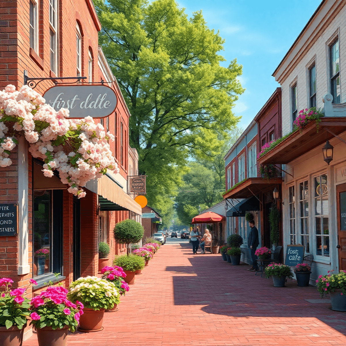 A picturesque street in Ashville, Alabama, lined with blooming flowers and quaint shops, featuring a cozy café with a "first date" sign and people ...