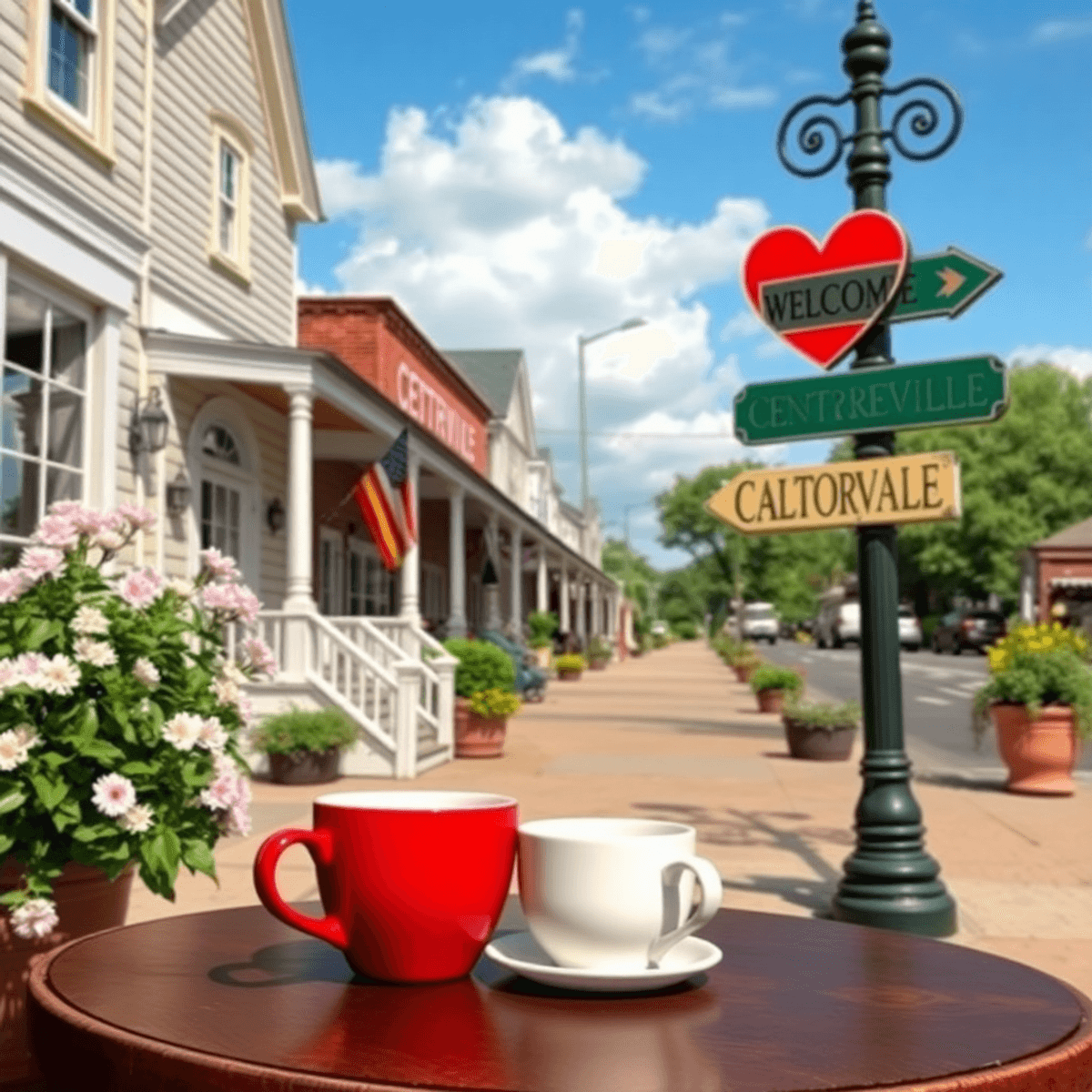A charming small-town scene in Centreville, Alabama, showcasing Southern architecture, blooming flowers, and two coffee cups on a table, radiating ...