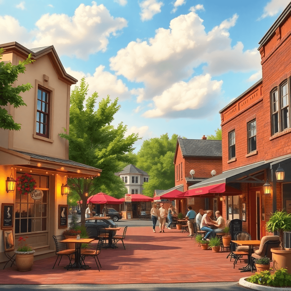 A warm, inviting small-town scene in Brighton, Alabama, showcasing a cozy café and outdoor seating areas filled with friendly locals engaging in so...