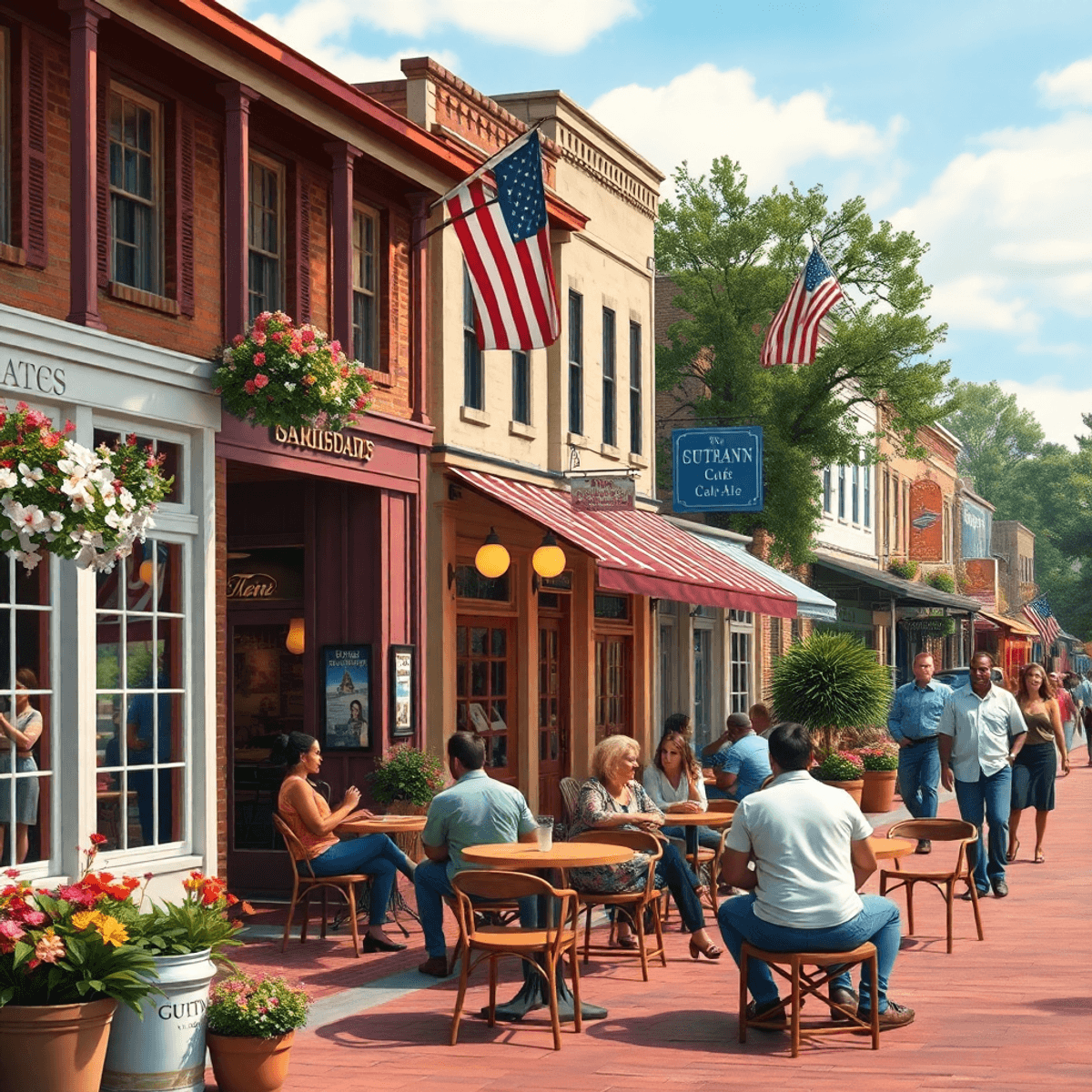 A quaint downtown scene in Eutaw, Alabama, featuring Southern architecture, blooming flowers, and people enjoying friendly conversations in a warm,...