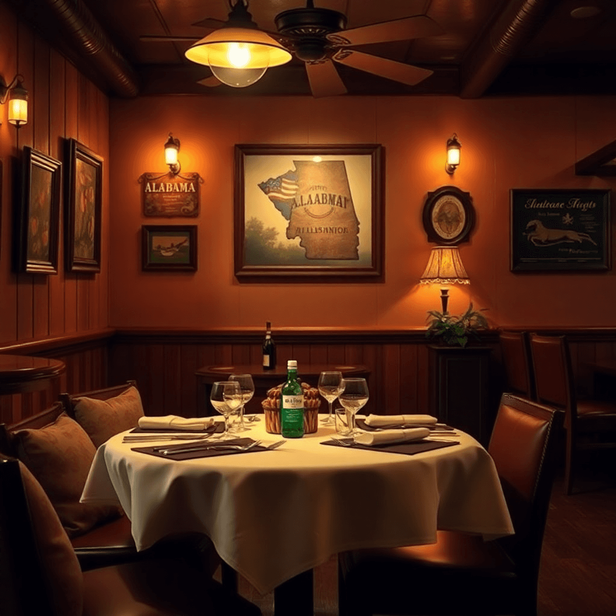 A cozy restaurant table for two, softly lit with warm ambiance, adorned with Southern decor and Alabama-themed artwork, evoking romance and connect...