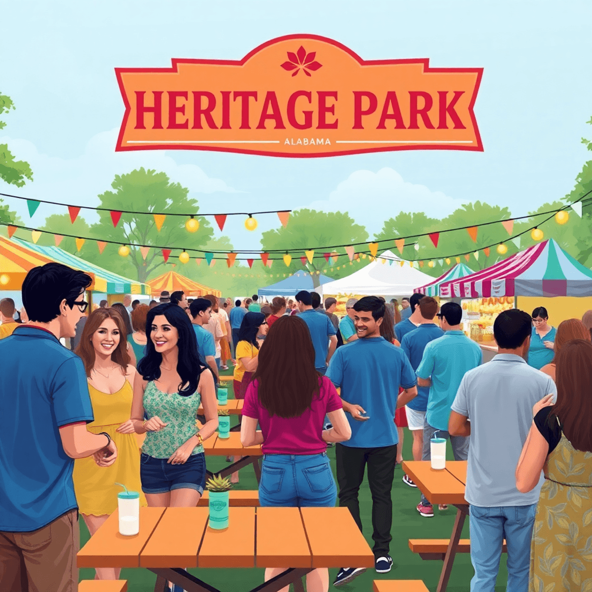 A lively community event at Heritage Park in Brent, Alabama, featuring people chatting and laughing amidst colorful decorations, picnic tables, str...