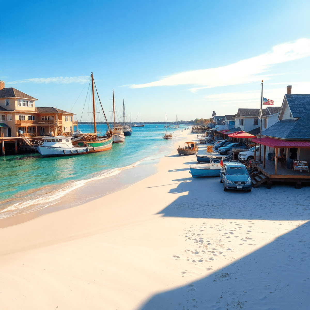 A scenic view of Bon Secour, Alabama, featuring clear waters and white sand beaches, with historic fishing vessels and seafood markets in the backg...
