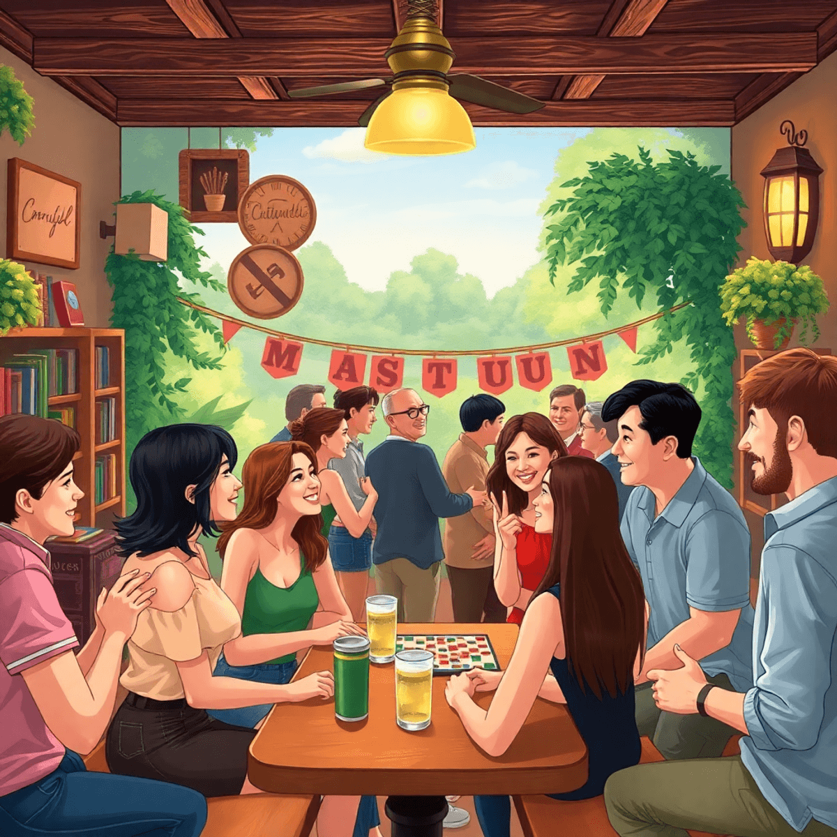 A lively small-town venue filled with people mingling at a singles mixer, surrounded by books, board games, and nature, creating a friendly and inv...