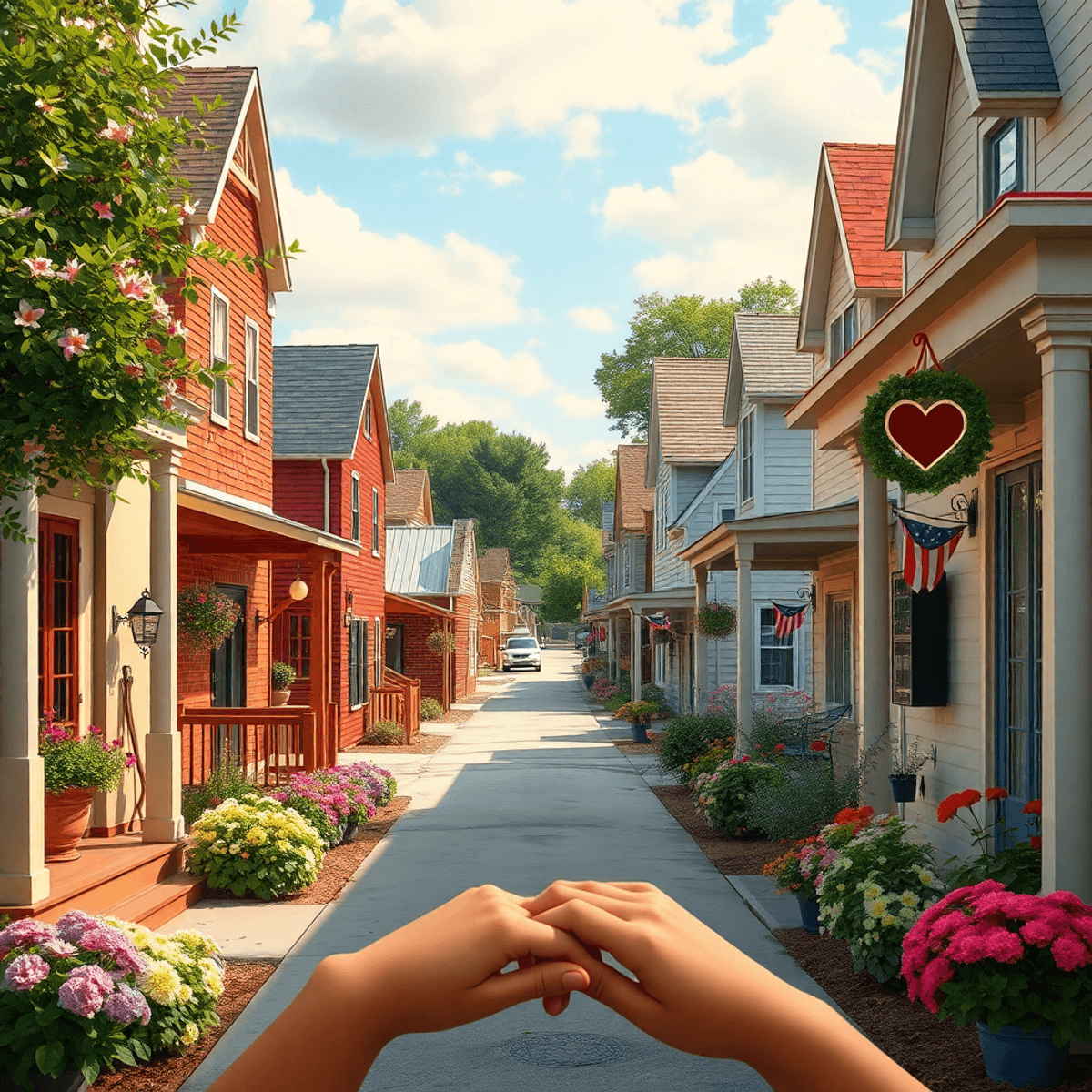 A charming small-town street in Harvest, Alabama, featuring quaint houses with blooming flowers and hints of romance, like intertwined hands and he...