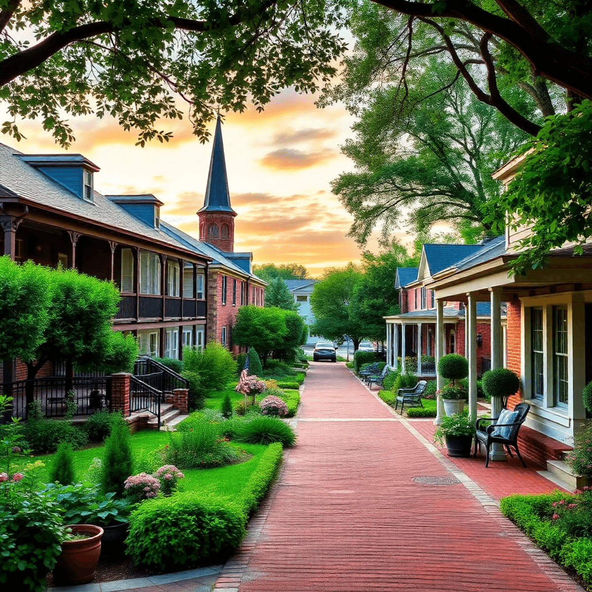 A scenic view of a charming Southern town with historic architecture and lush gardens, featuring a sunset over the Tombigbee River, evoking warmth ...