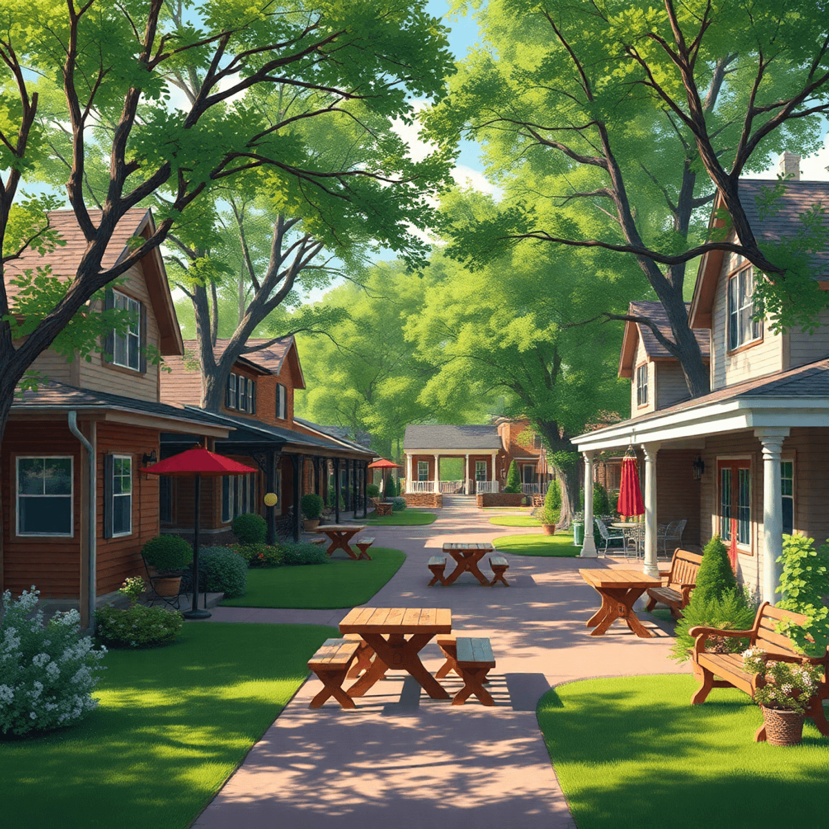 A serene community park in Chickasaw, Alabama, with lush greenery, picnic tables, and outdoor seating, showcasing warmth and social connections in ...