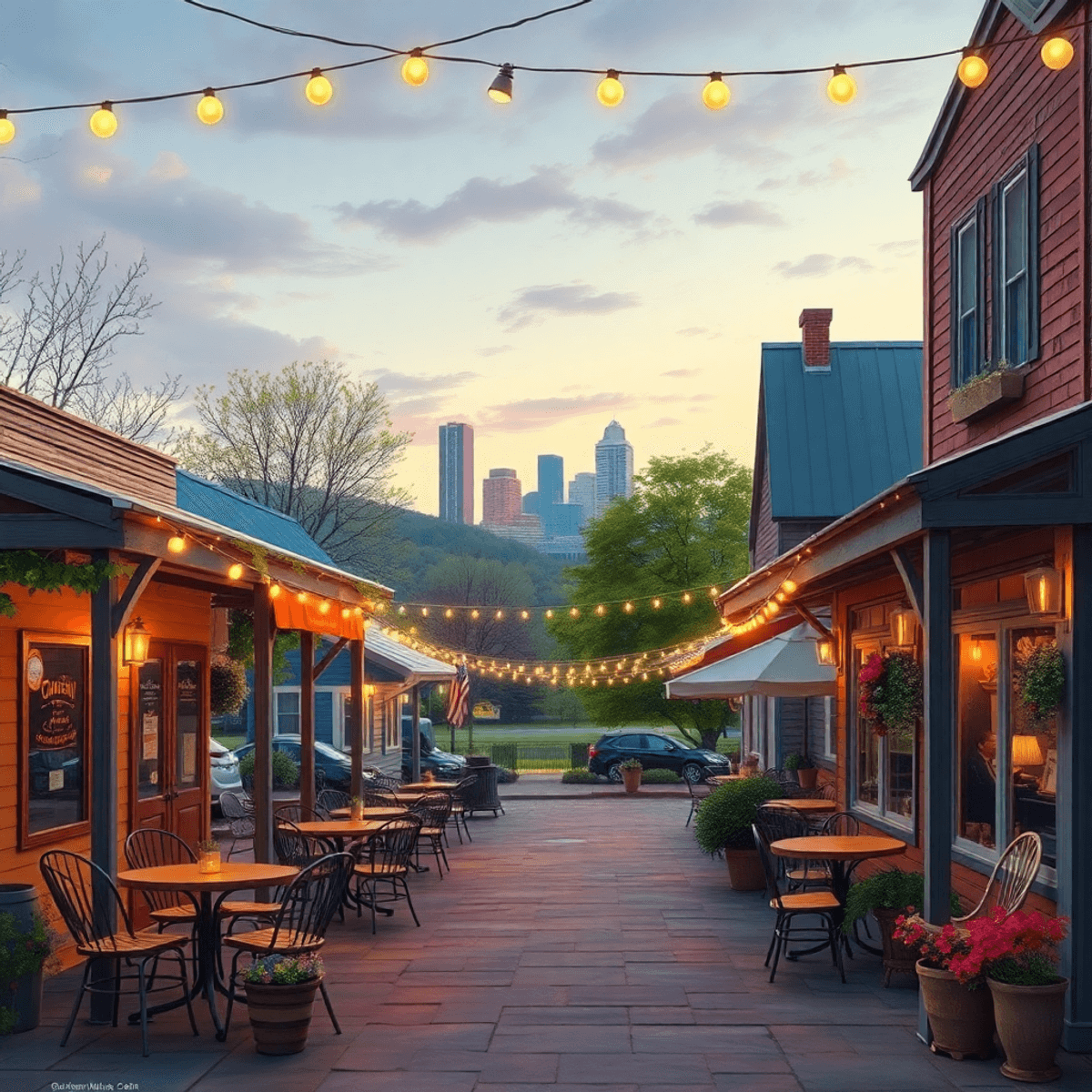 A cozy café with outdoor seating adorned with fairy lights, showcasing Southern decor and sweet tea, set against a backdrop of the Birmingham skyline.
