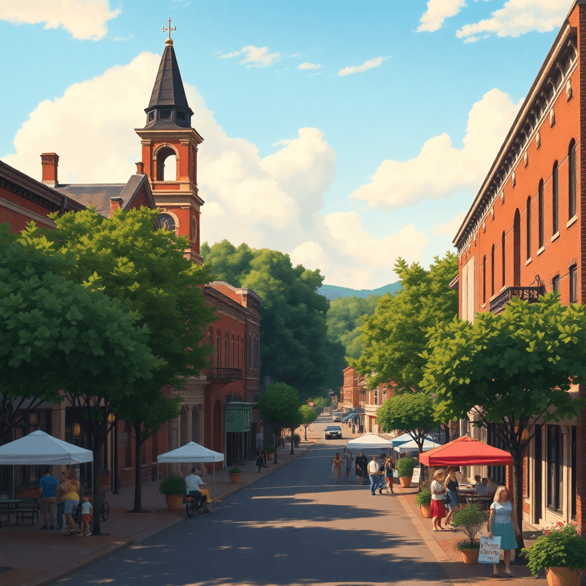 A picturesque view of Montevallo, Alabama, showcasing historic buildings and tree-lined streets, highlighting a vibrant community atmosphere with h...