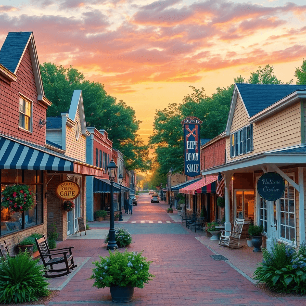 A charming small-town main street in Alabama with quaint shops and cafes, lush greenery, a welcoming porch with rocking chairs, and a warm sunset.
