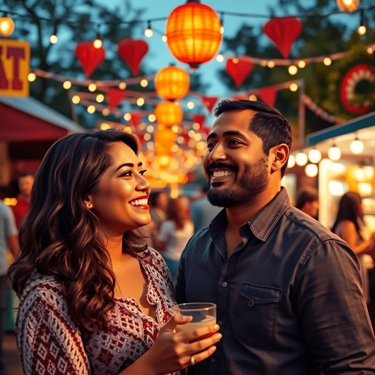 A cozy small-town festival scene in Hamilton, Alabama, showcasing a couple smiling and engaging with each other amidst warm lights and local decora...