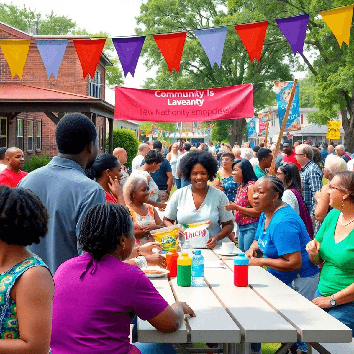 A lively community gathering in a park, featuring people chatting and enjoying activities around picnic tables, colorful banners, and lush greenery.