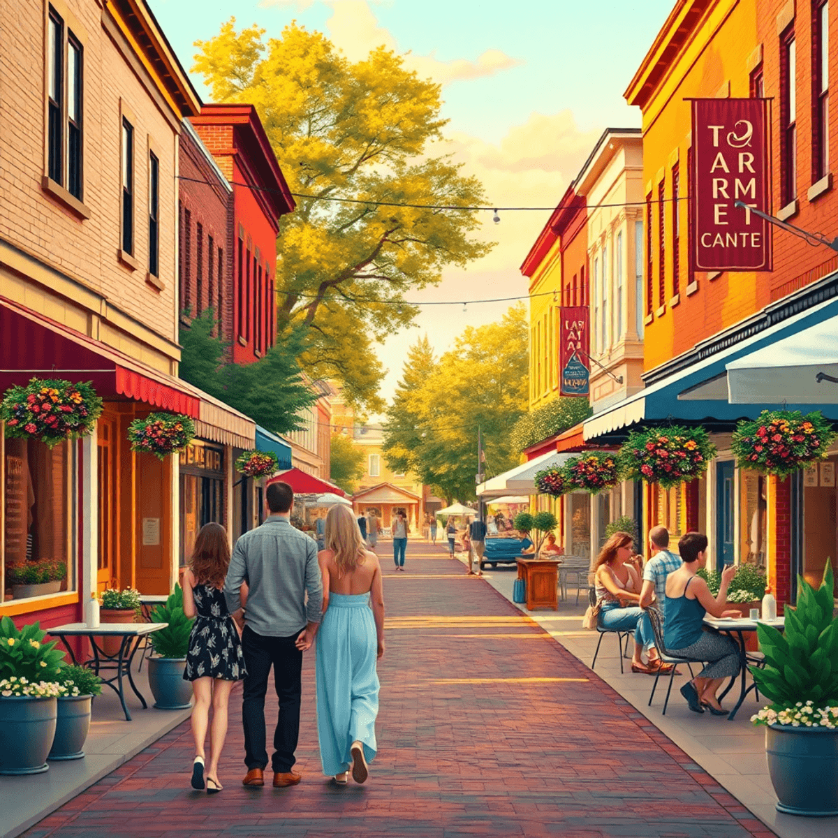 A charming small-town street in Tarrant, Alabama, filled with local cafes and parks, showcasing couples strolling and friends gathering under warm ...