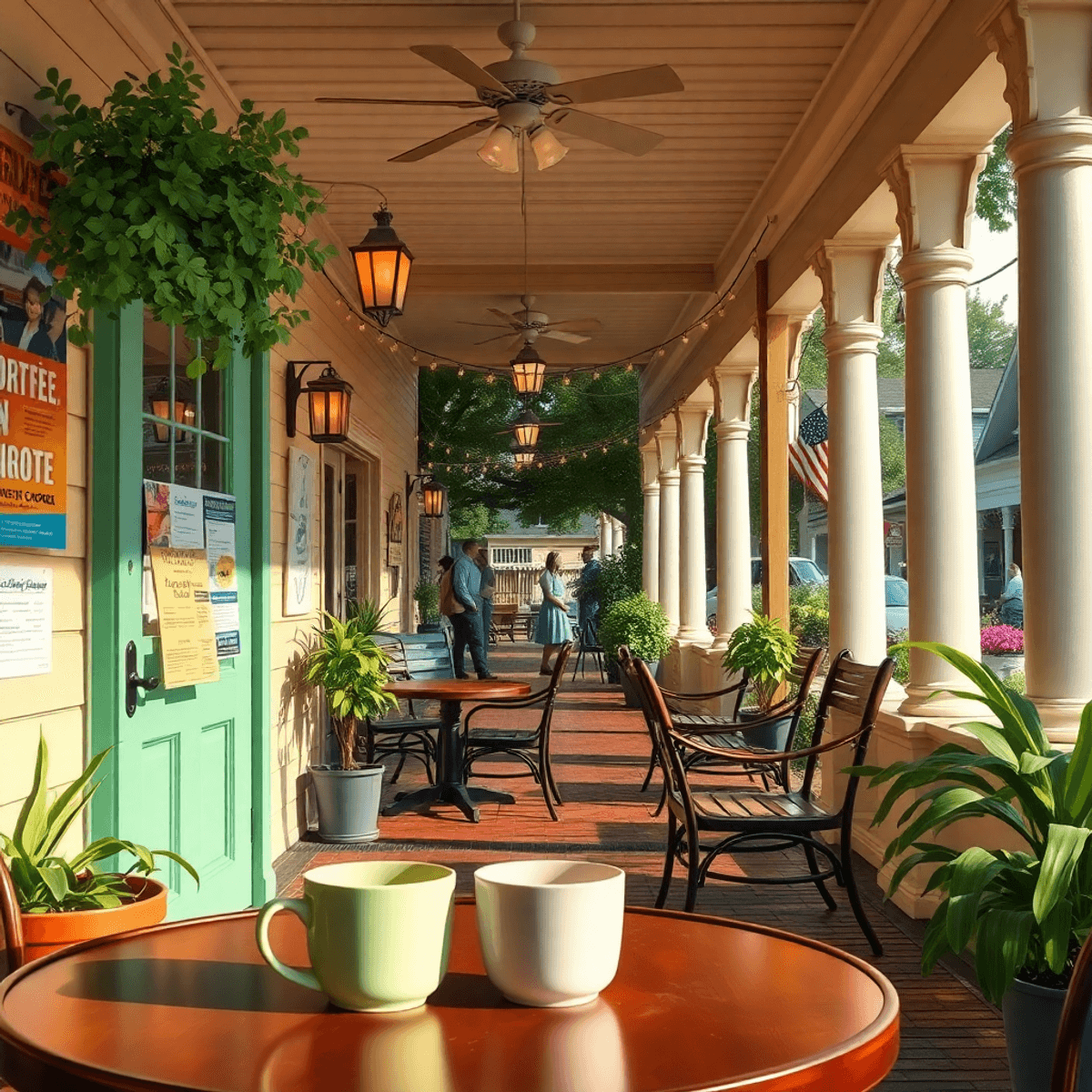 A cozy café table with two coffee cups, colorful event flyers on a community board, and a warm atmosphere reflecting connection in a charming South...
