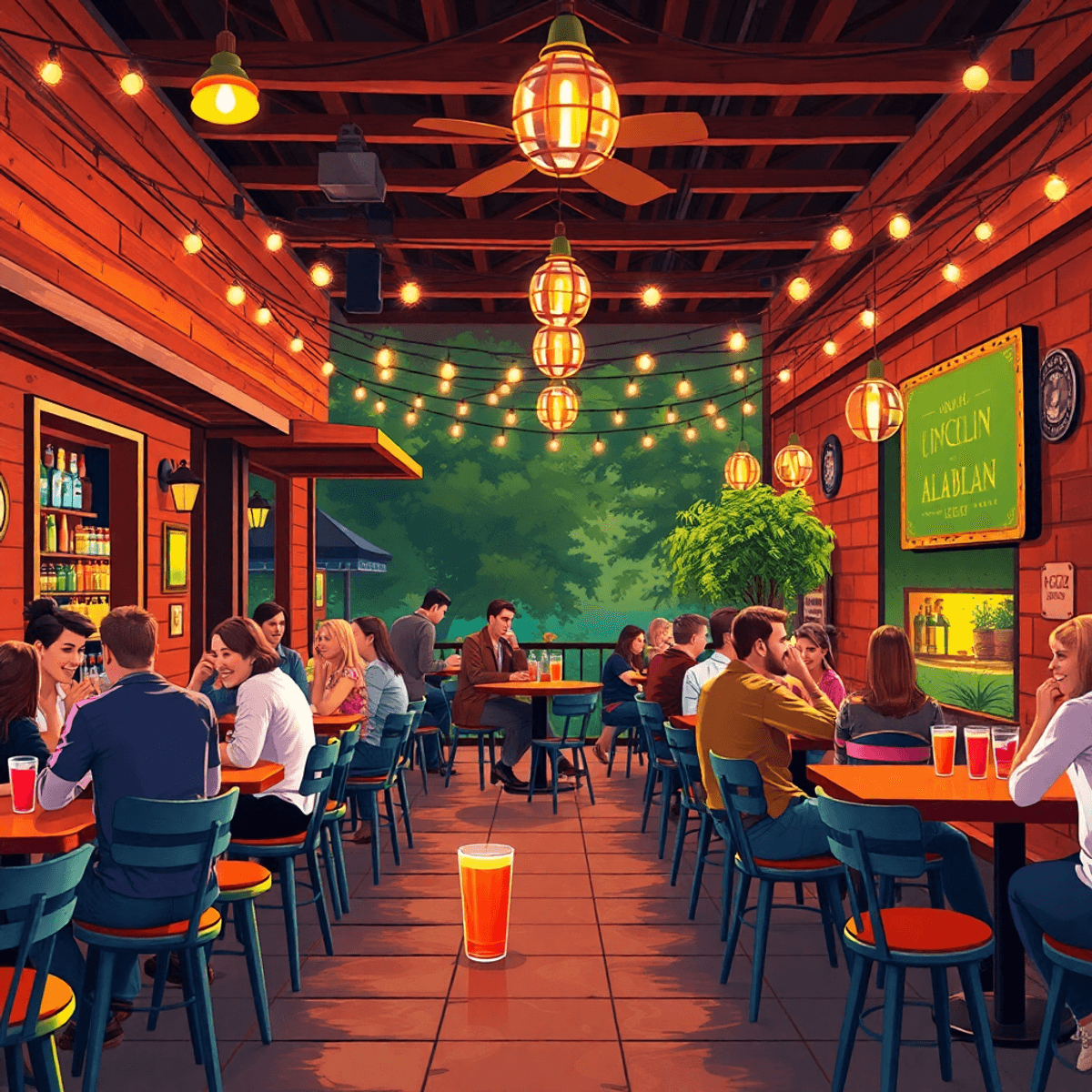 A lively bar in Lincoln, Alabama, filled with people enjoying drinks and conversation, outdoor seating adorned with string lights, embodying Southe...