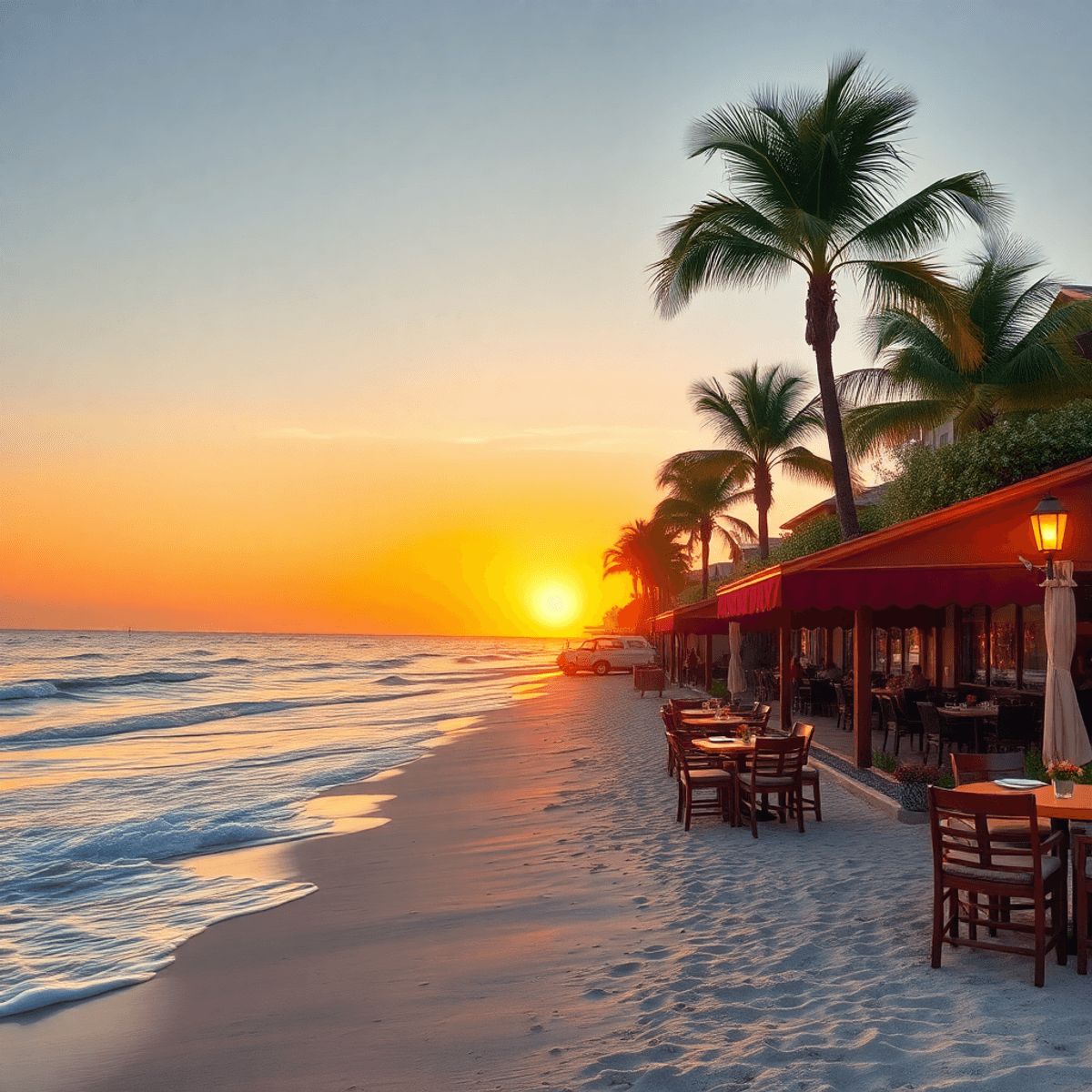 A serene beach at sunset in Orange Beach, Alabama, with gentle waves, a cozy outdoor restaurant, and vibrant palm trees creating a romantic atmosph...
