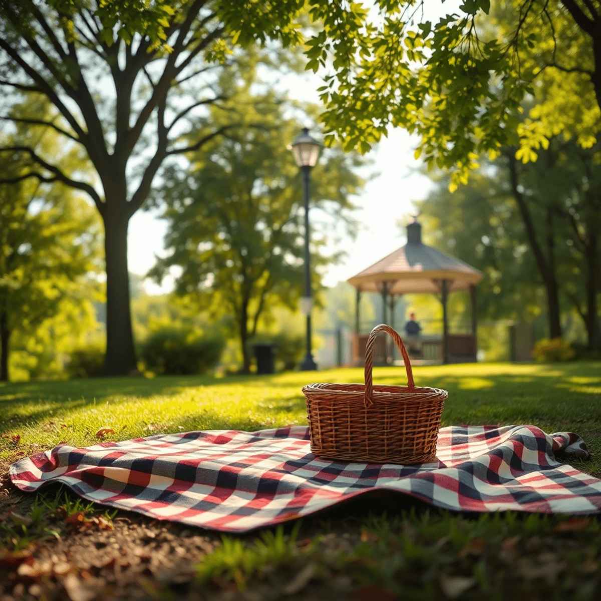 A cozy picnic setup with a checkered blanket and basket in a small-town park, surrounded by lush trees and a charming gazebo, bathed in soft sunlight.