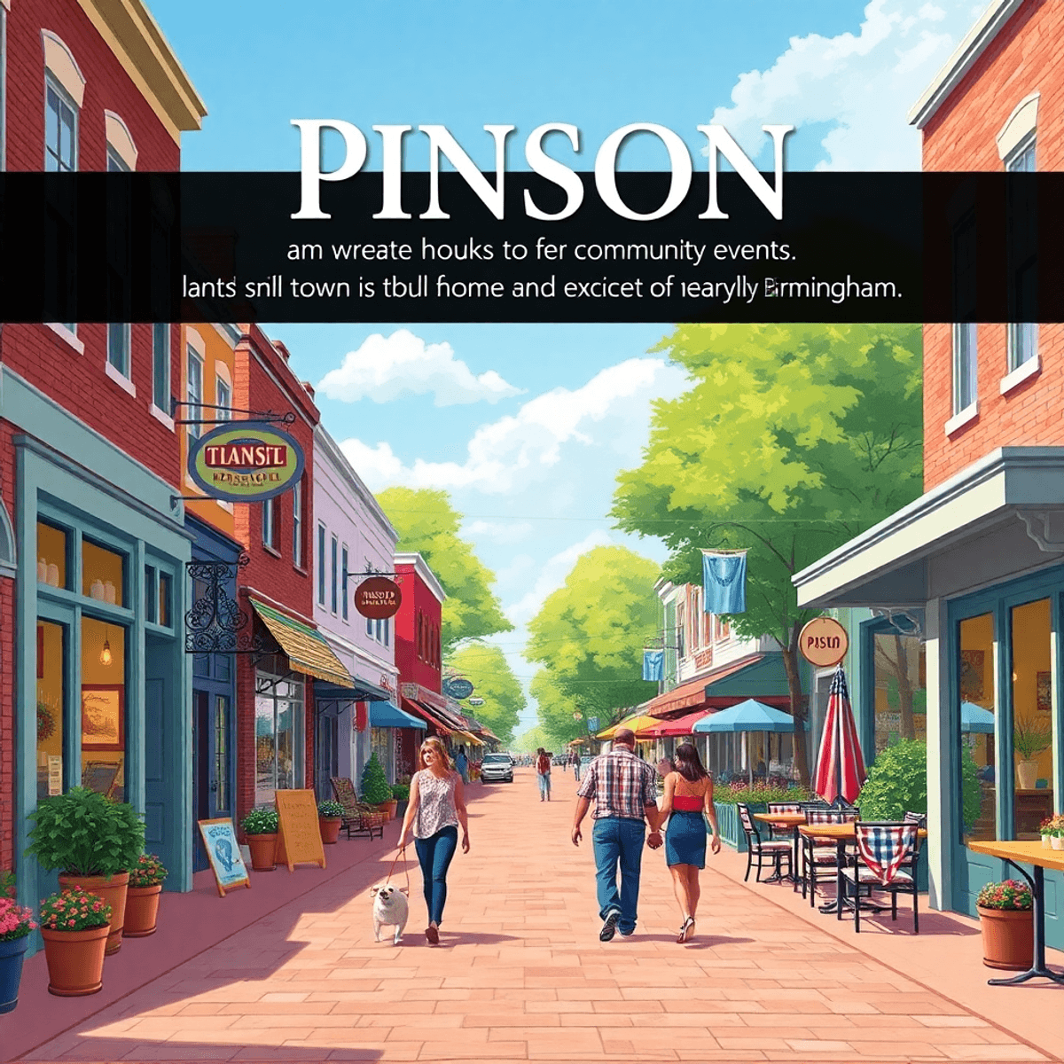 A picturesque small-town street in Pinson, Alabama, lined with charming shops and cafes, featuring couples walking and people enjoying outdoor acti...