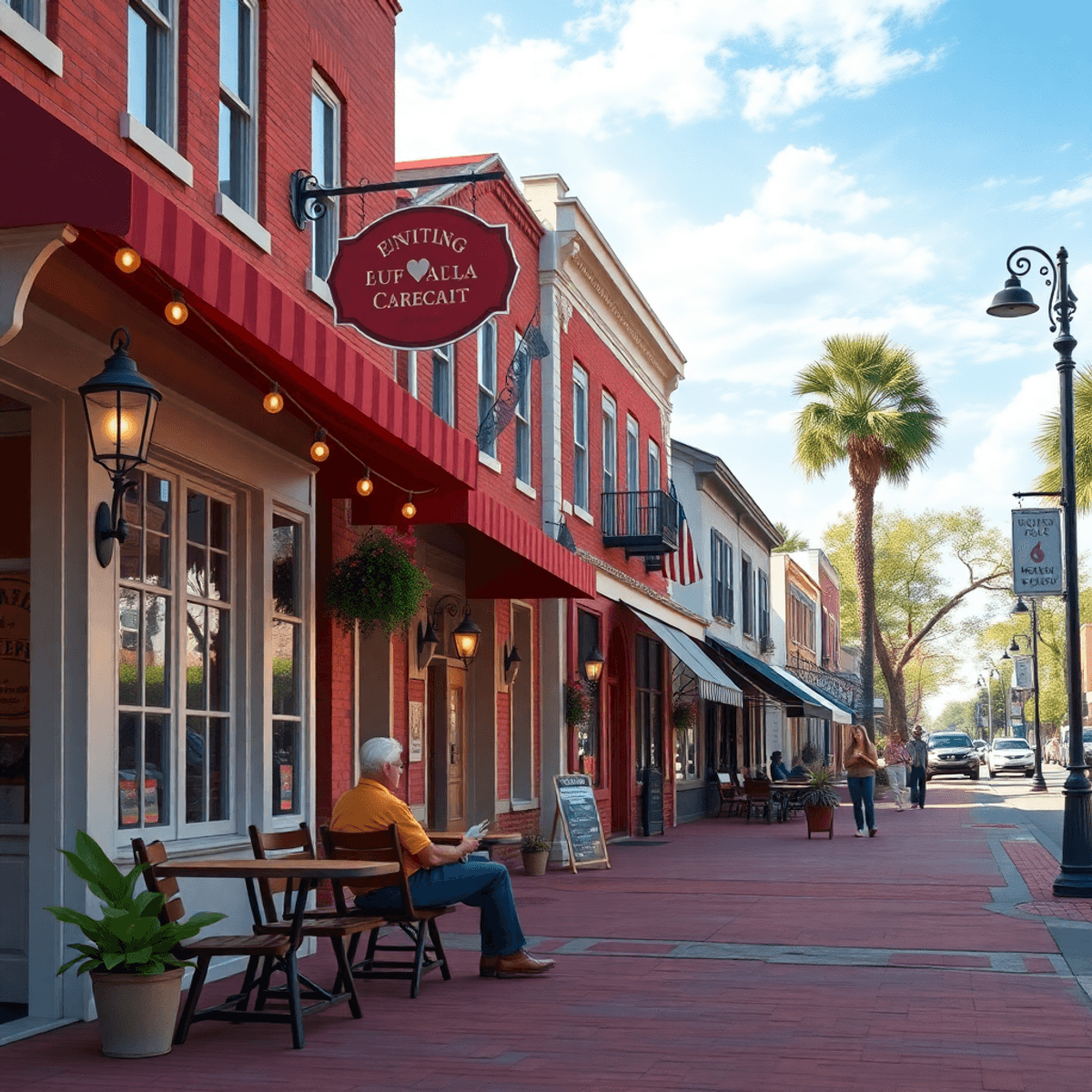 A picturesque small-town street in Eufaula, Alabama, featuring charming southern architecture, local cafes, and a couple enjoying coffee outdoors, ...