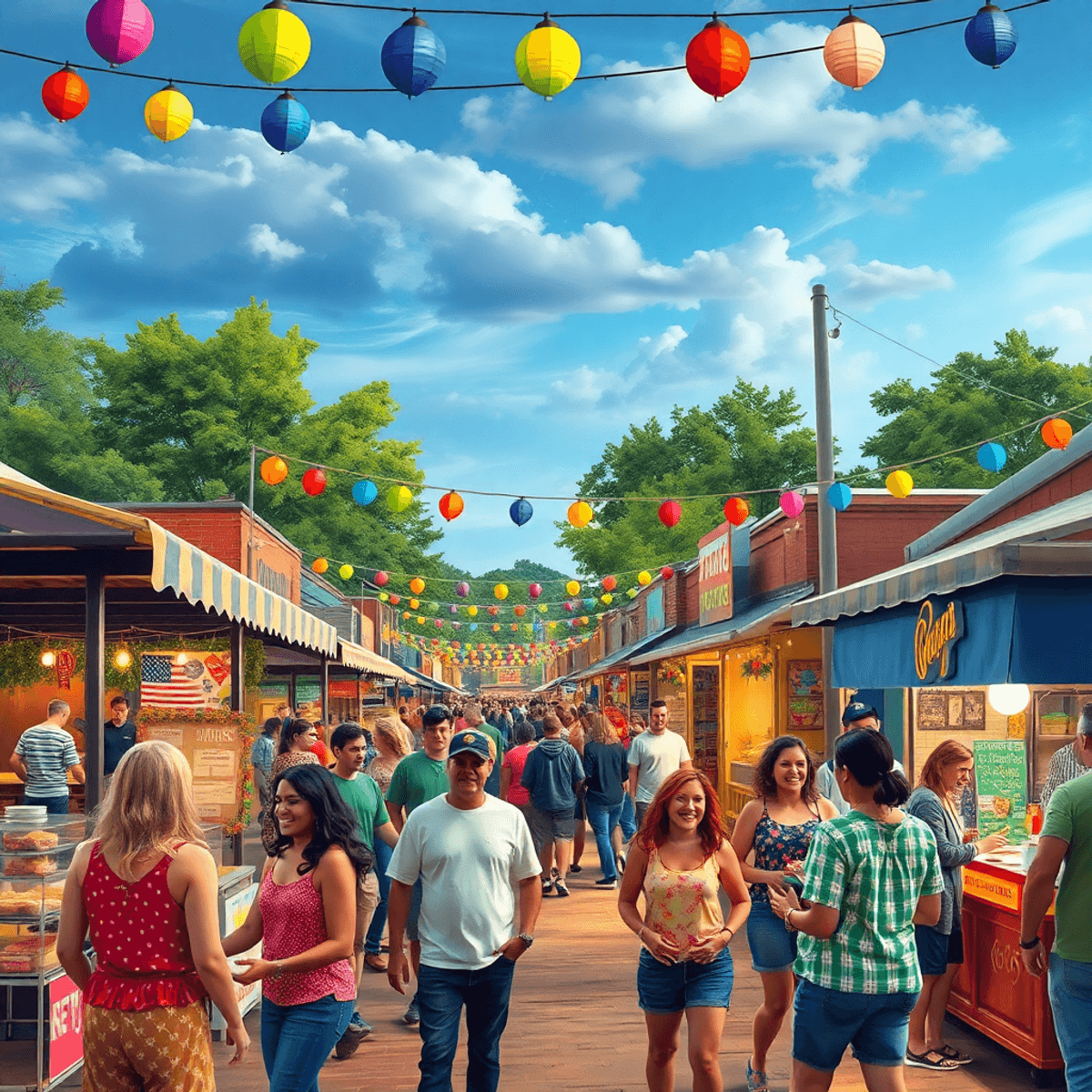 A lively small-town festival in Fort Payne, Alabama, with colorful decorations, food stalls, festive lights, and groups of singles enjoying convers...