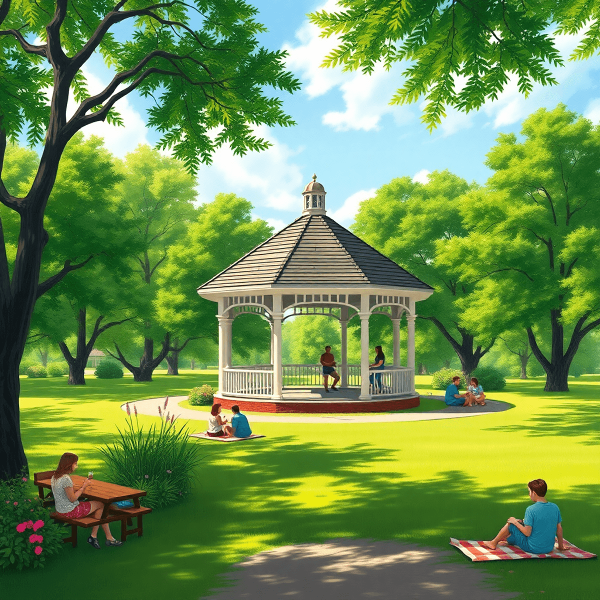 A picturesque park in Valley, Alabama, with lush greenery, a charming gazebo, picnic blankets, and groups enjoying outdoor activities, evoking comm...
