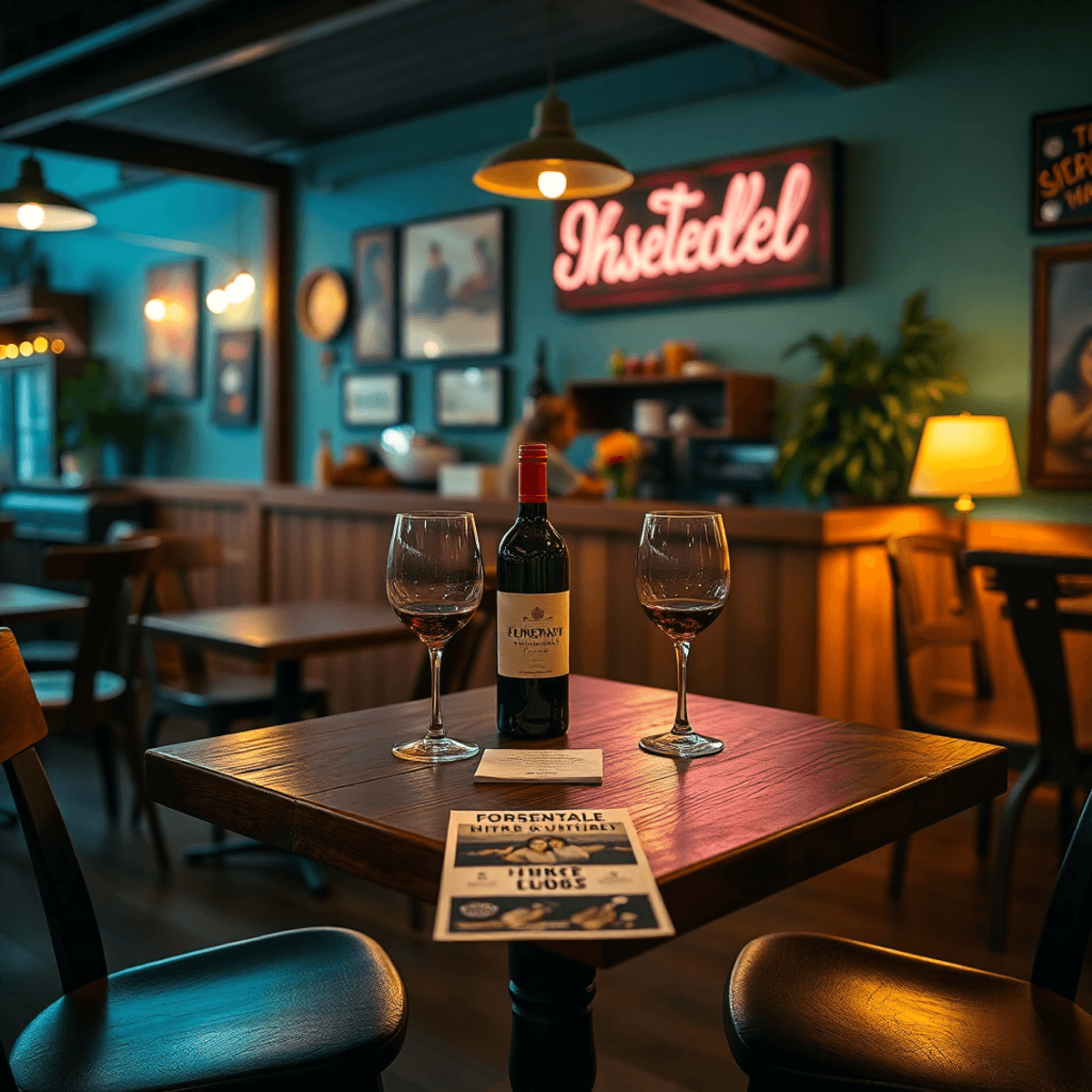 A cozy coffee shop with a rustic wooden table, two wine glasses, and a bottle of wine, warmly lit and featuring a flyer for local events, creating ...