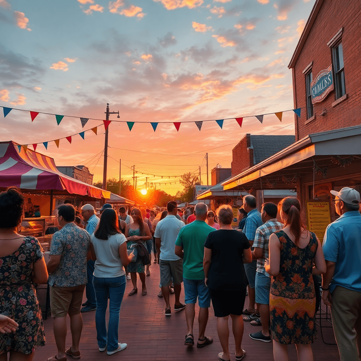 A lively outdoor gathering in a small Southern town, filled with colorful decorations, food stalls, and people enjoying local festivities under a w...
