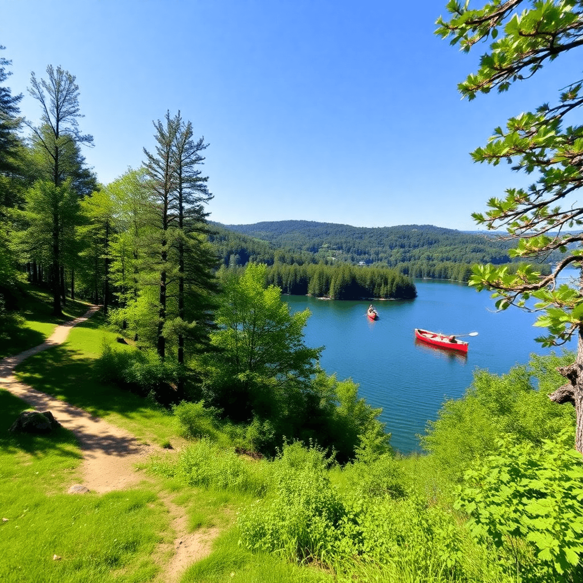 A scenic view of Lake Guntersville featuring lush greenery, hiking trails, and canoes on the water under bright blue skies, evoking adventure and c...