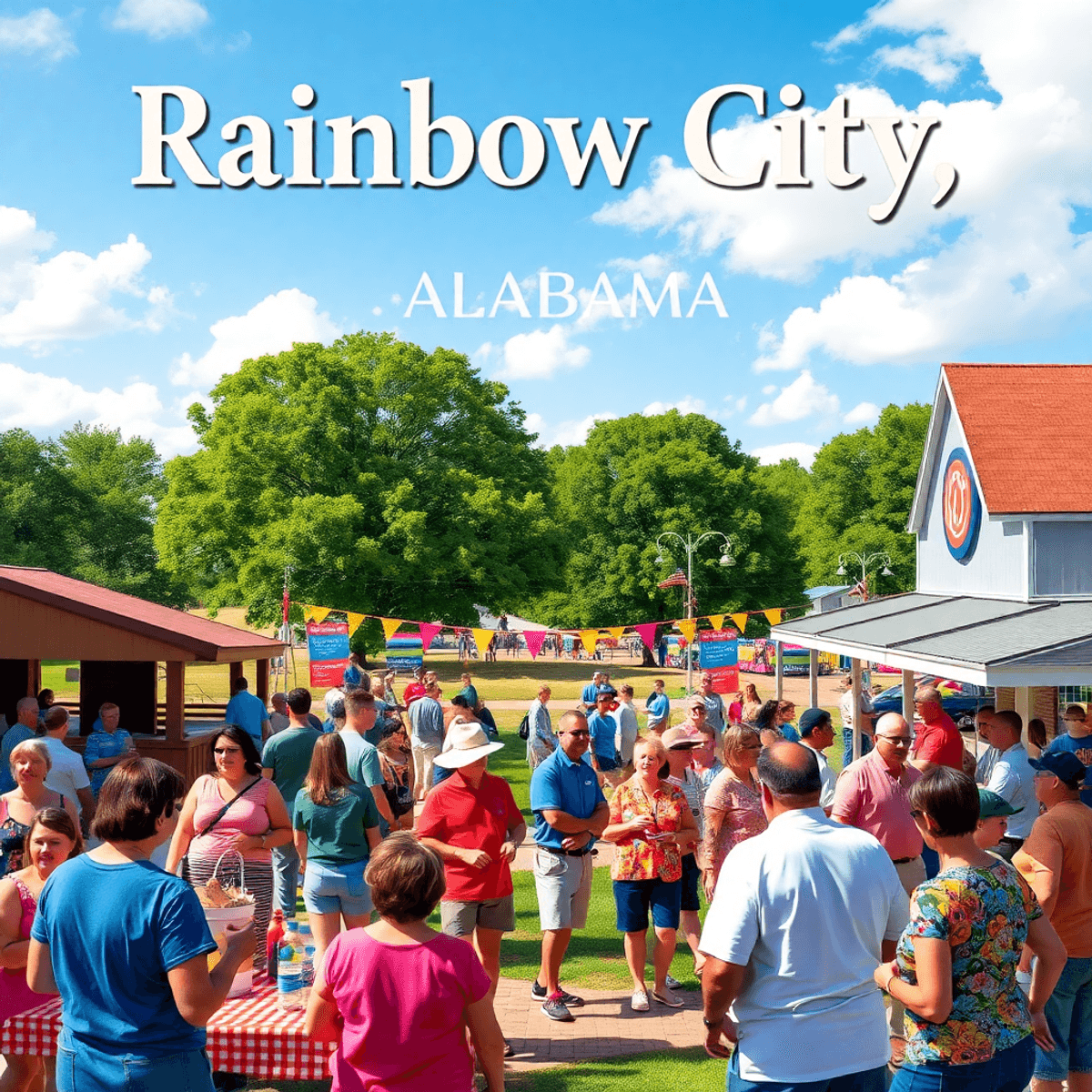 A lively community gathering in Rainbow City, Alabama, featuring people chatting, engaging in outdoor activities, and enjoying picnics under colorf...