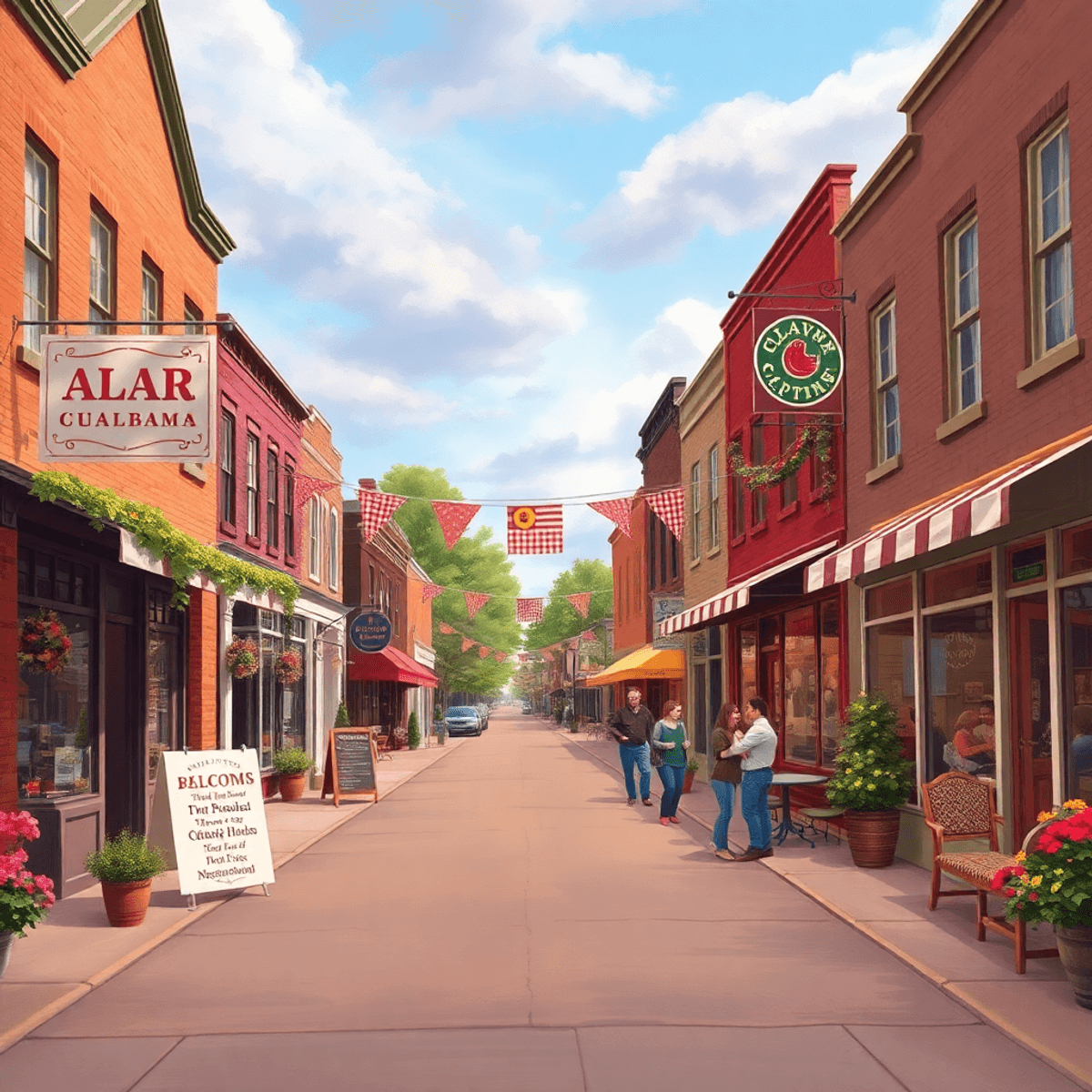 A charming small-town street in Arab, Alabama, adorned with vibrant seasonal decorations, local shops, cafes, and a welcoming atmosphere of communi...
