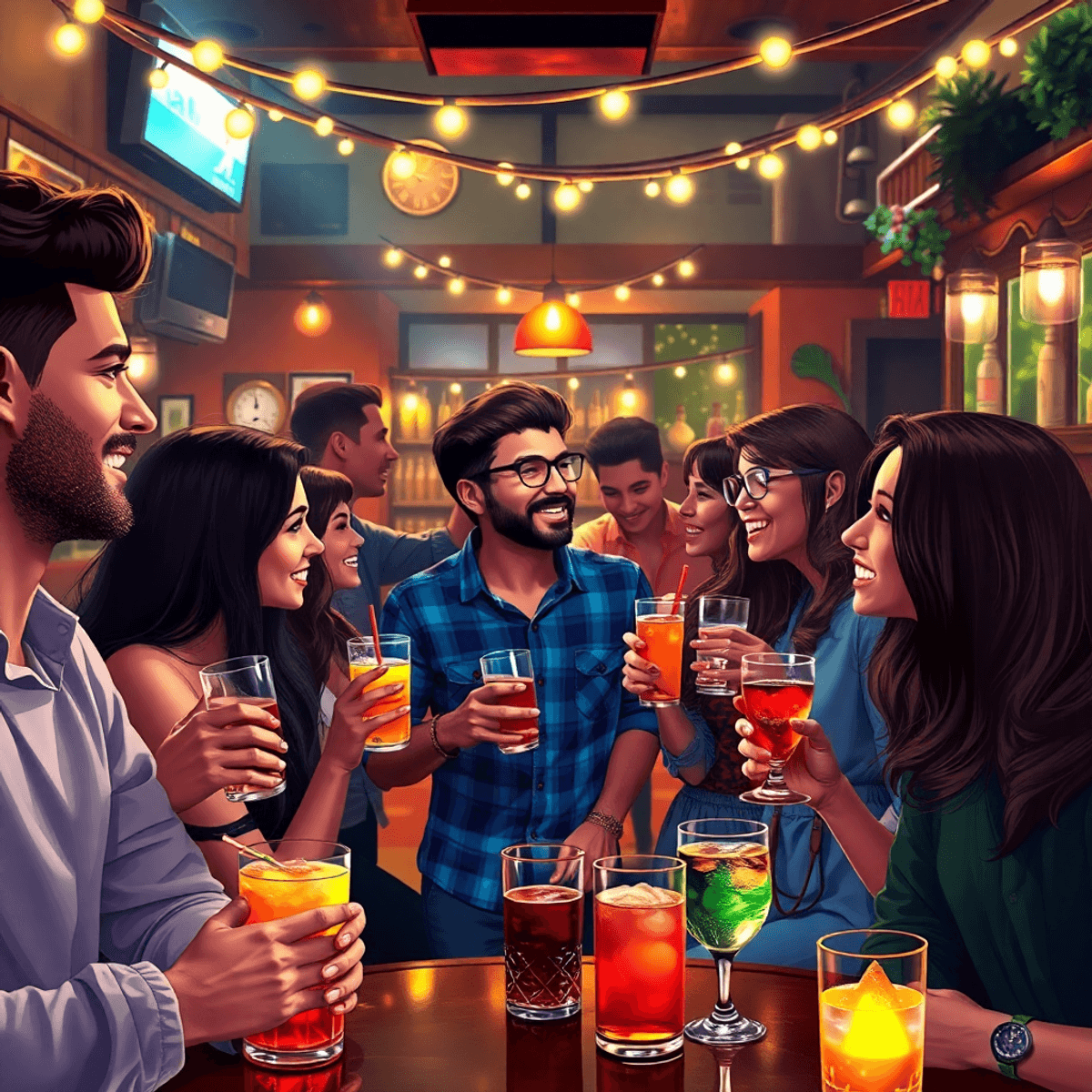 A lively social gathering in a cozy bar, with young adults enjoying drinks and conversation, surrounded by fairy lights and colorful cocktails. The...
