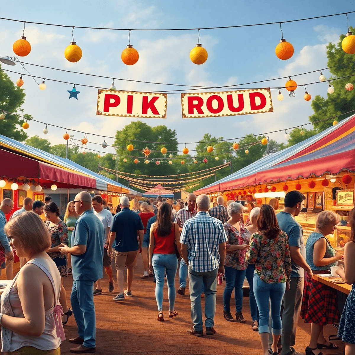 A lively local festival in Pike Road, Alabama, filled with festive decorations, food stalls, and people mingling, capturing the warmth and communit...