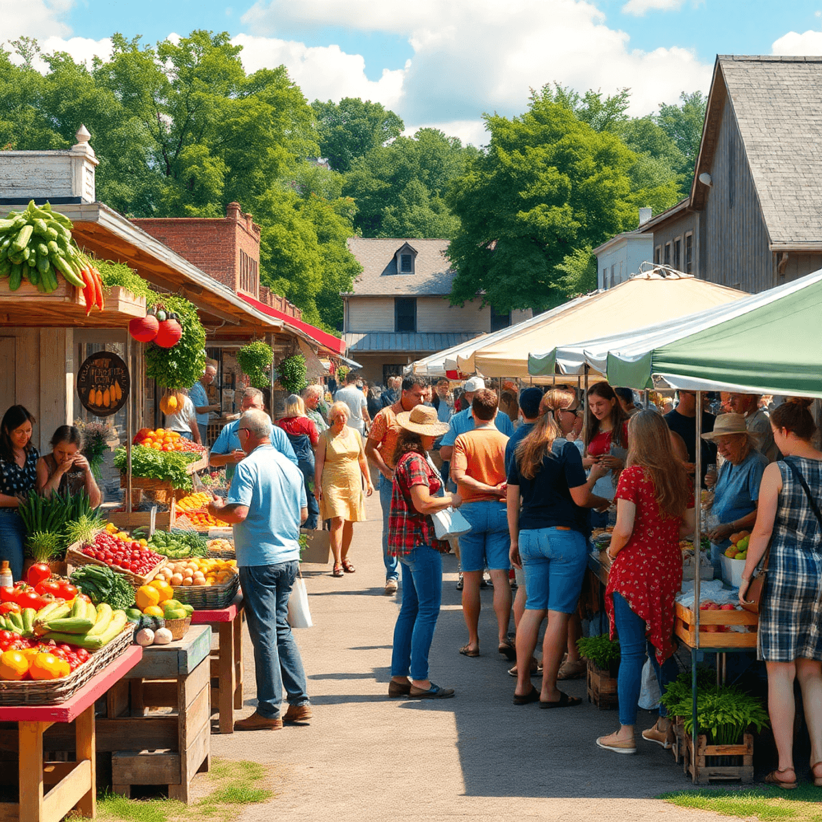 A lively farmers market with colorful stalls displaying fresh produce and crafts, people chatting warmly, set against charming local architecture i...