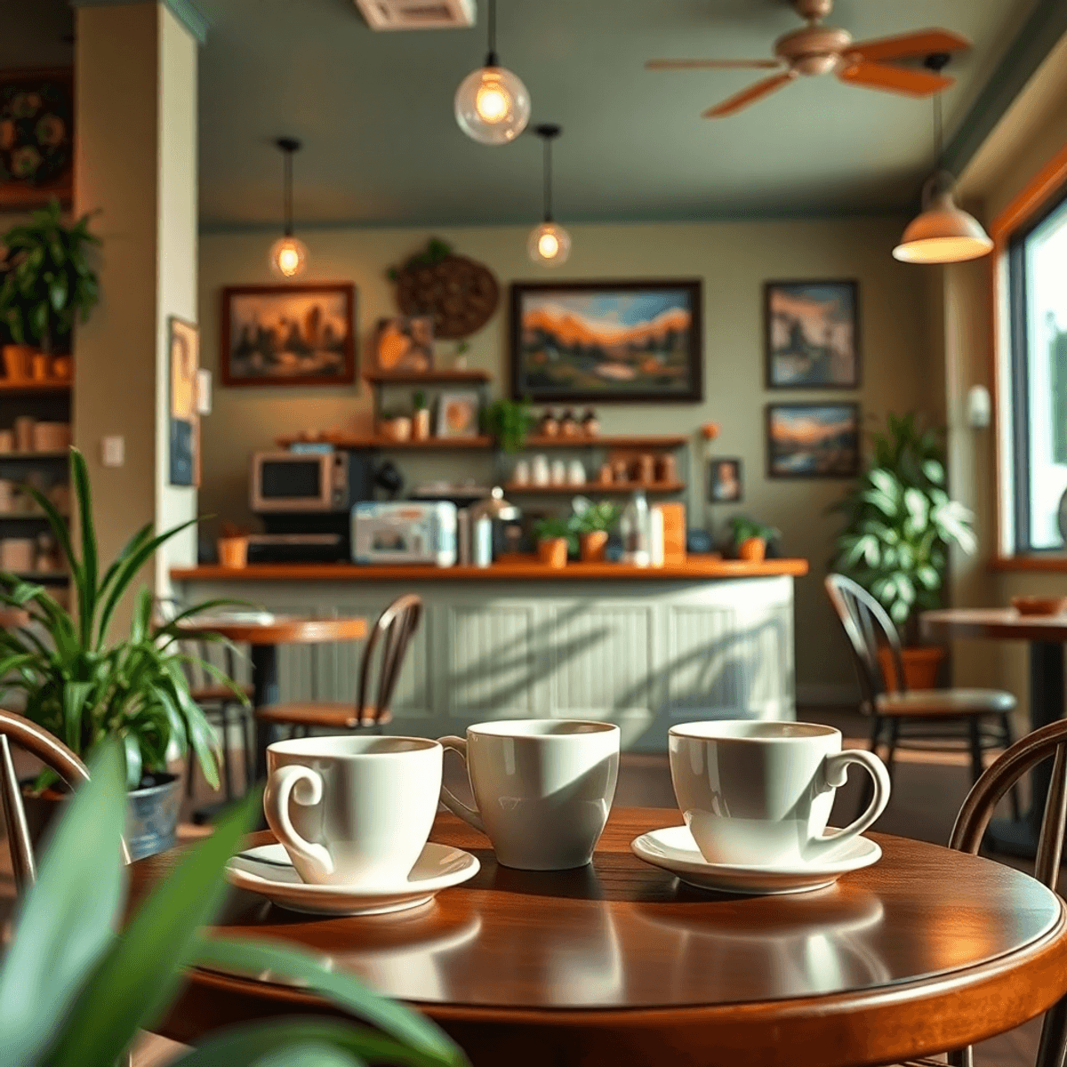 A cozy coffee shop in Pleasant Grove, Alabama, featuring coffee cups on a table, soft lighting, and decorative plants, creating a warm and inviting...