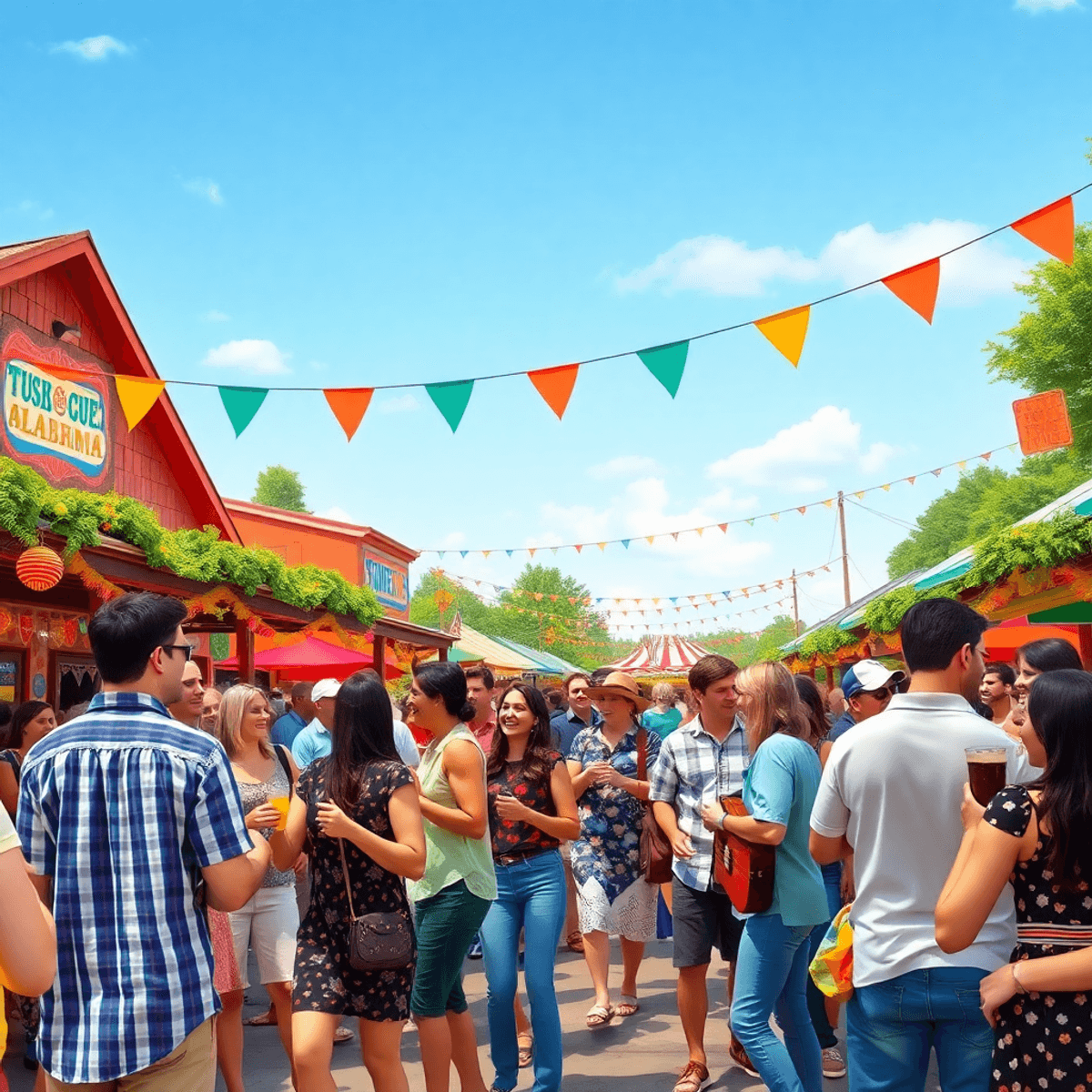 A lively outdoor festival in Tuscumbia, Alabama, with people dancing, enjoying live music, colorful decorations, food stalls, and a warm atmosphere...