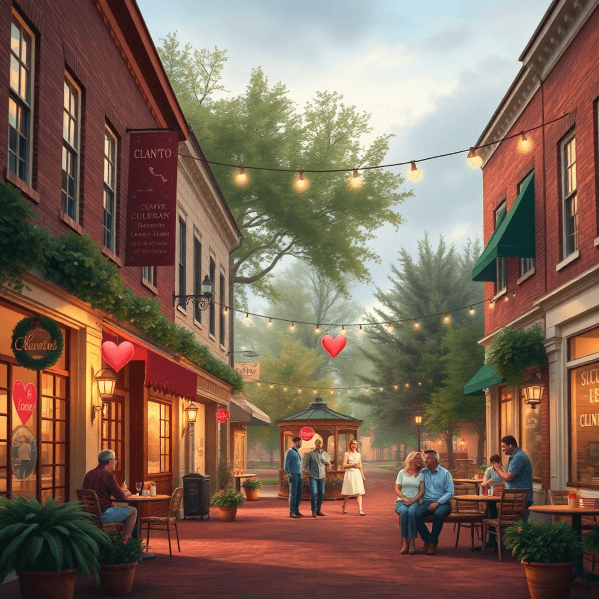 A cozy Southern town square in Clanton, Alabama, with quaint shops and cafes, heart-shaped decorations, and couples enjoying the warm atmosphere un...