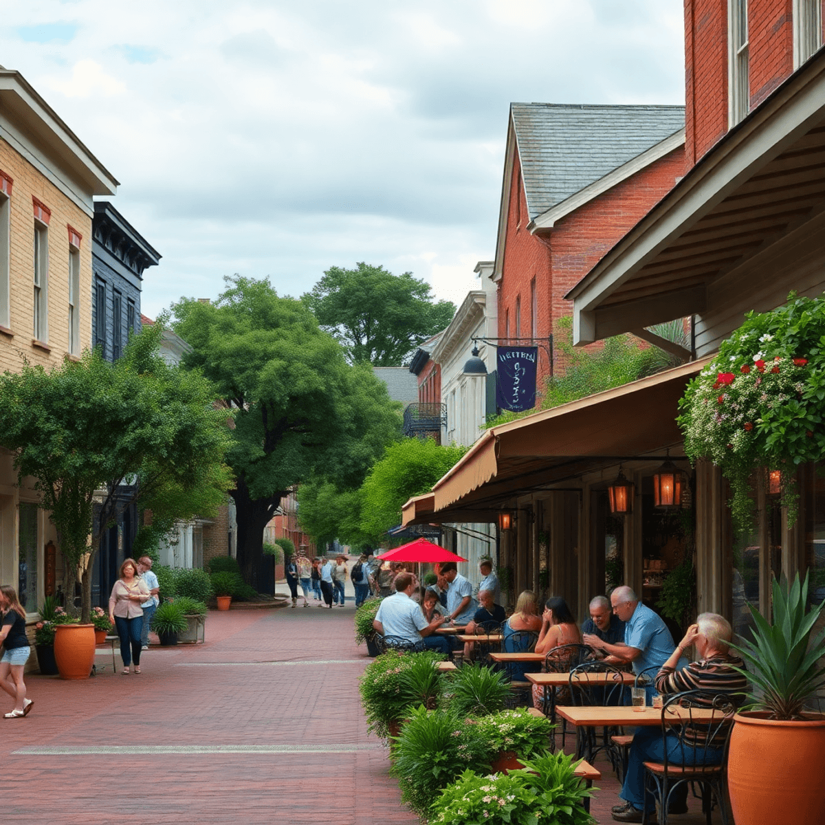 A charming Southern town scene with quaint streets, a cozy café, and people enjoying conversations amidst lush greenery and warm architecture, evok...