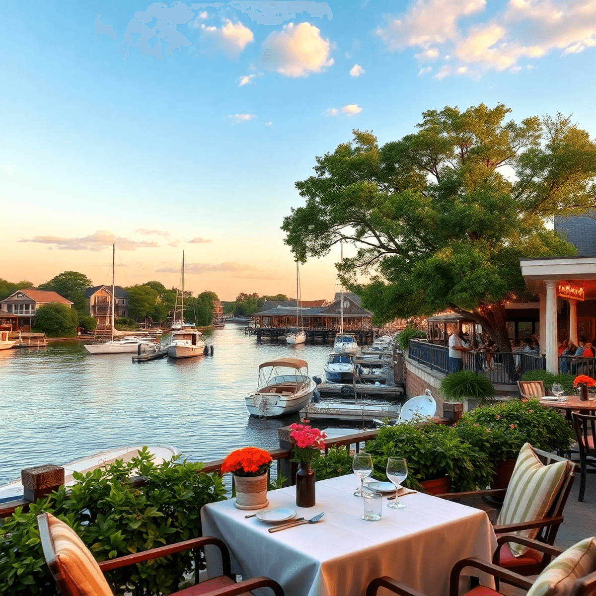 A scenic waterfront view in Spanish Fort, Alabama, featuring boats, lush greenery, a cozy outdoor dining setup, and hints of local community events...