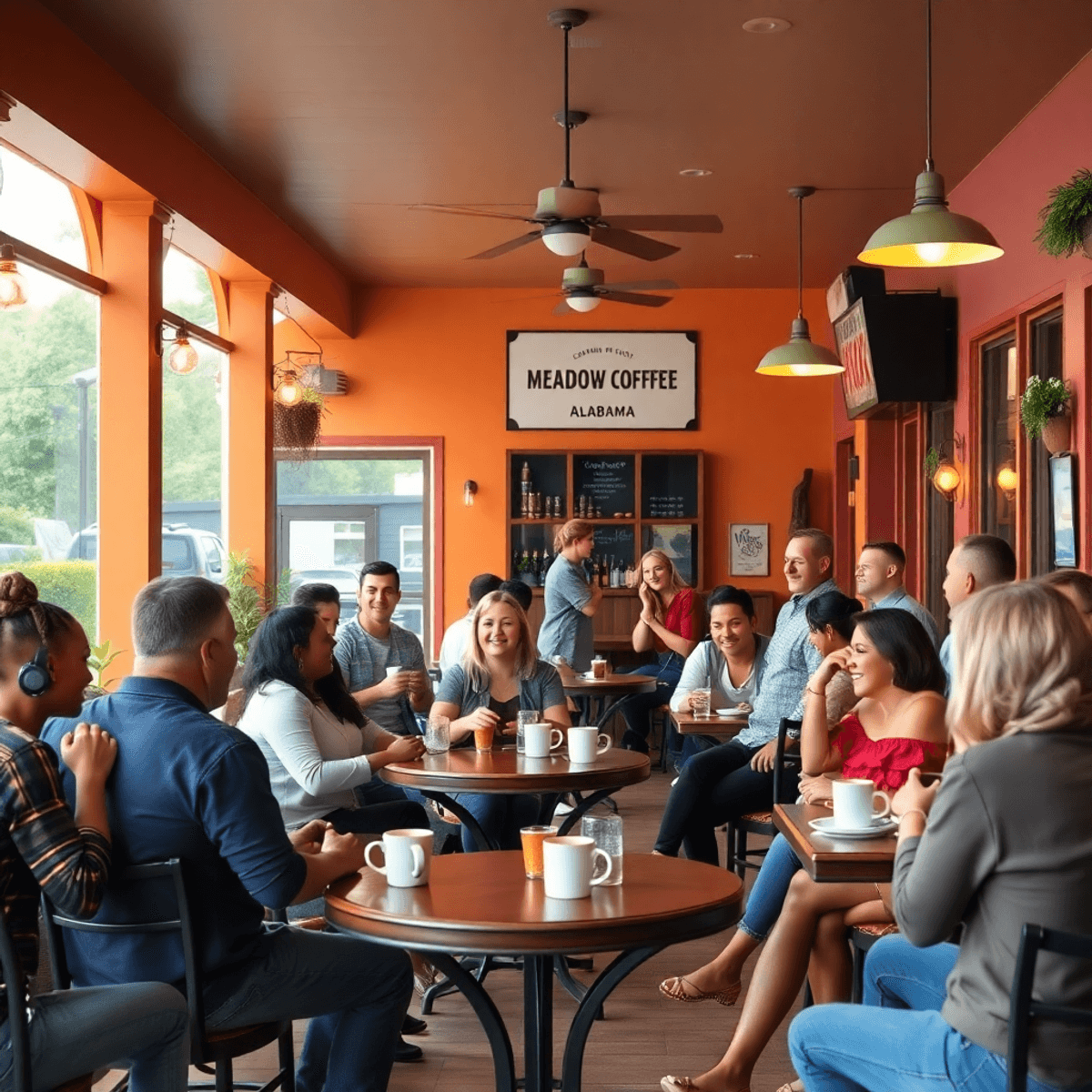 A lively coffee shop scene with people chatting and laughing, warm colors, cozy decor, coffee cups, casual seating, and an inviting outdoor patio.