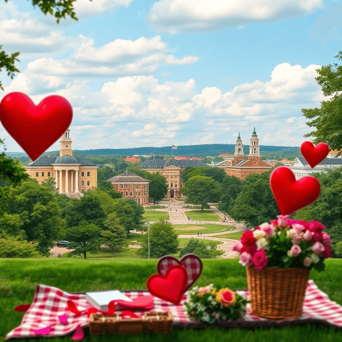 A picturesque view of Tuskegee, Alabama, featuring iconic university buildings and lush greenery, with heart-shaped decorations and a picnic setup ...