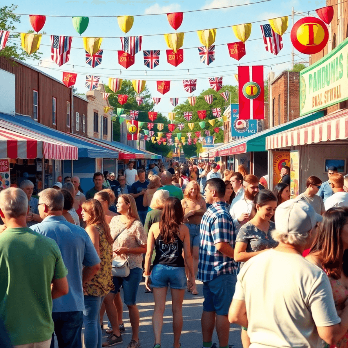 A lively local festival in Boaz, Alabama, featuring colorful decorations, food stalls, and people enjoying live music amidst festive banners and a ...