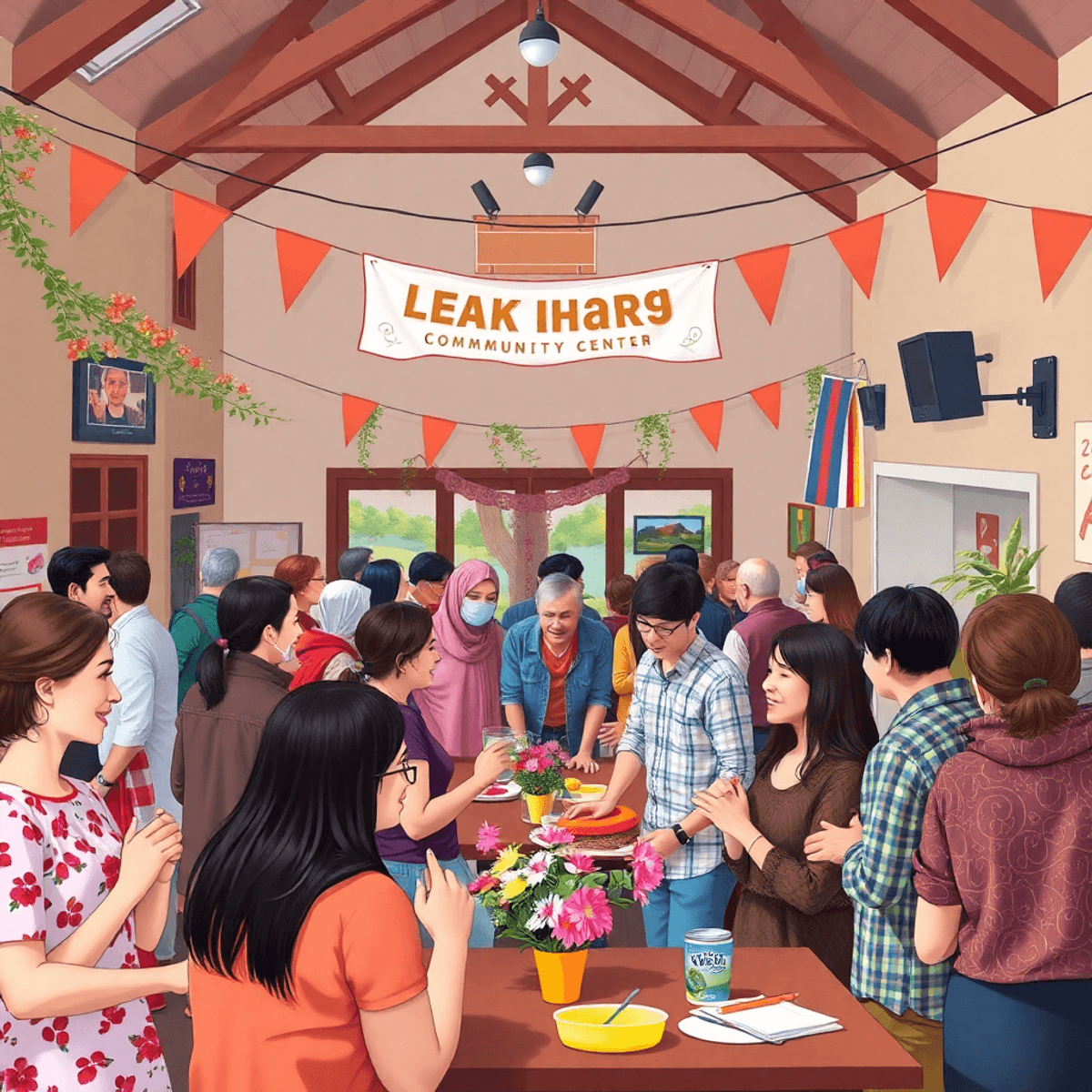 A vibrant community center filled with people enjoying a spring festival, adorned with flowers and banners, highlighting connection and interaction...
