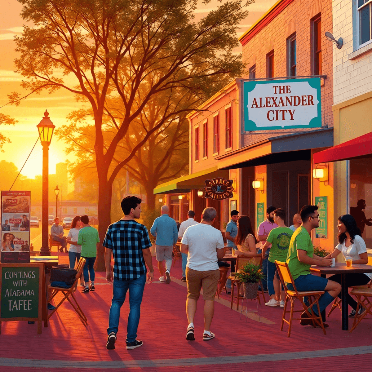 A lively small-town street in Alexander City, Alabama, showcasing cozy cafes and community posters, with people enjoying conversations and activiti...