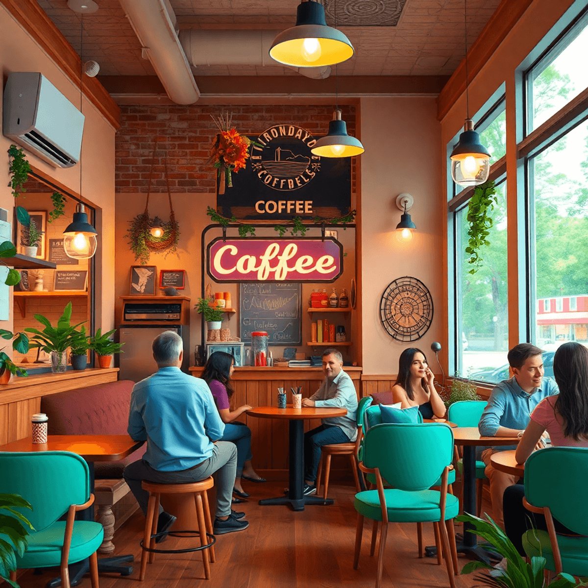 A cozy small-town coffee shop bustling with people chatting, warm lighting, and modern tech like laptops and smartphones, creating a welcoming atmo...