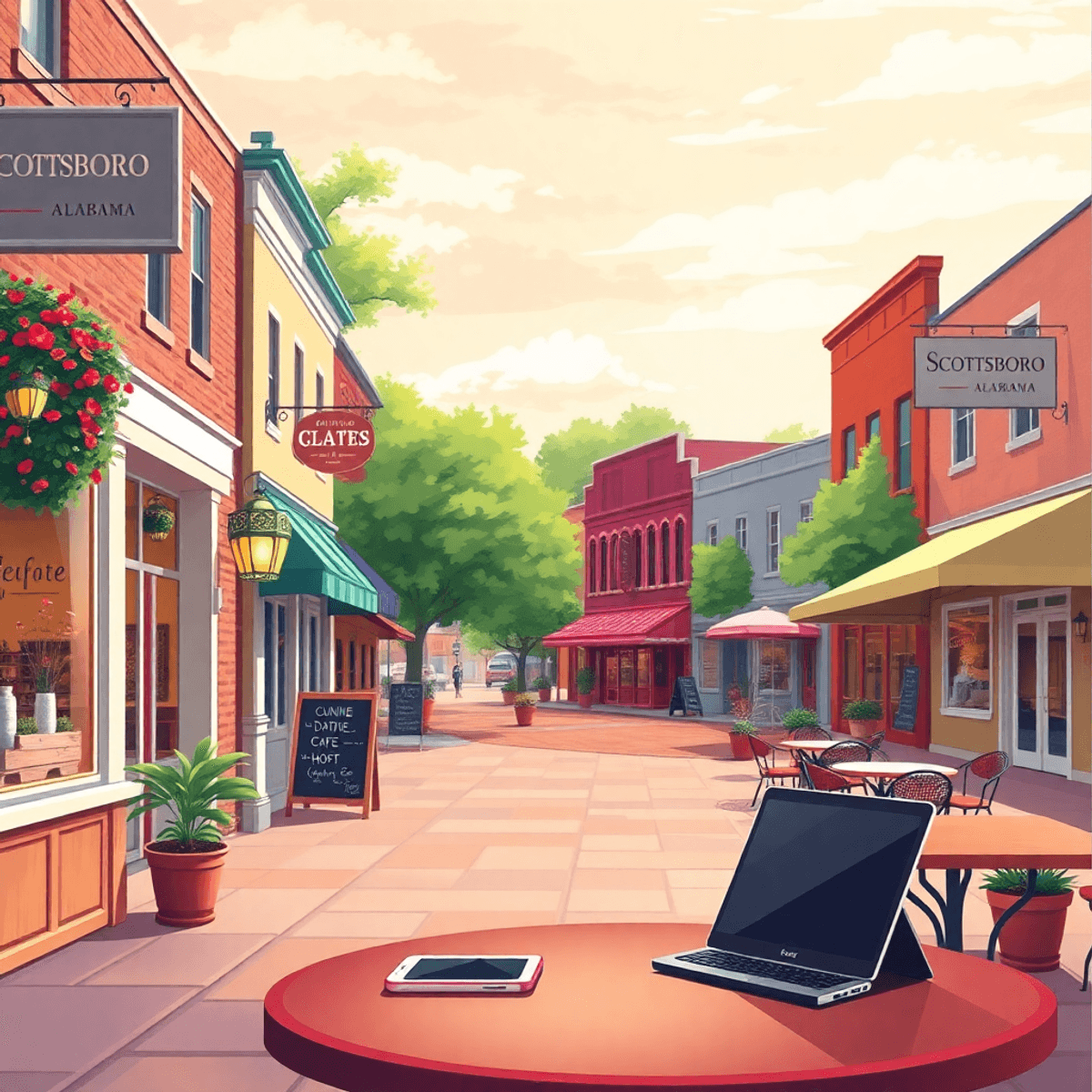 A picturesque small-town street in Scottsboro, Alabama, showcasing charming shops and cafes, with warm colors and a smartphone on a cafe table, sym...