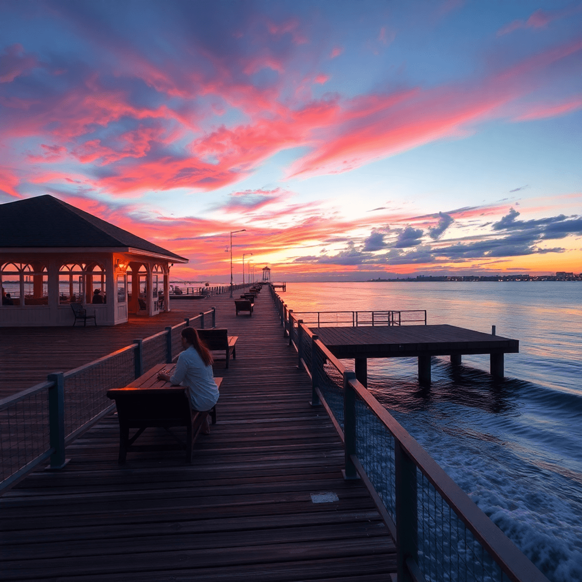A stunning sunset over Fairhope Municipal Pier, with vibrant colors reflecting on the water, gentle waves, and cozy seating areas for couples, evok...