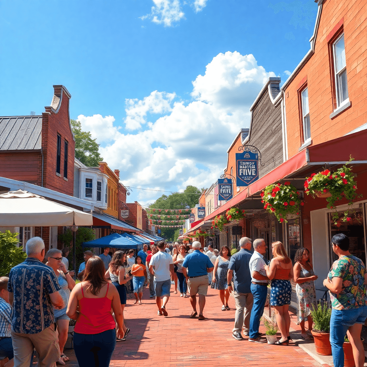 A lively small-town street in Calera, Alabama, bustling with a community gathering, featuring people connecting and enjoying a warm, welcoming atmo...